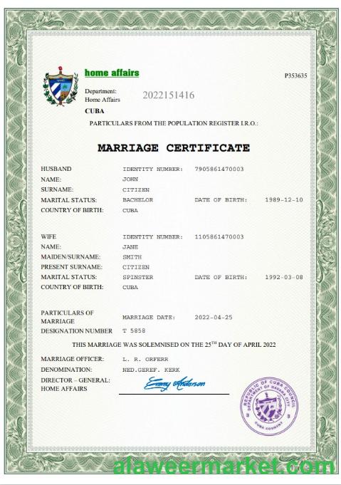Cuba marriage certificate Word and PDF template